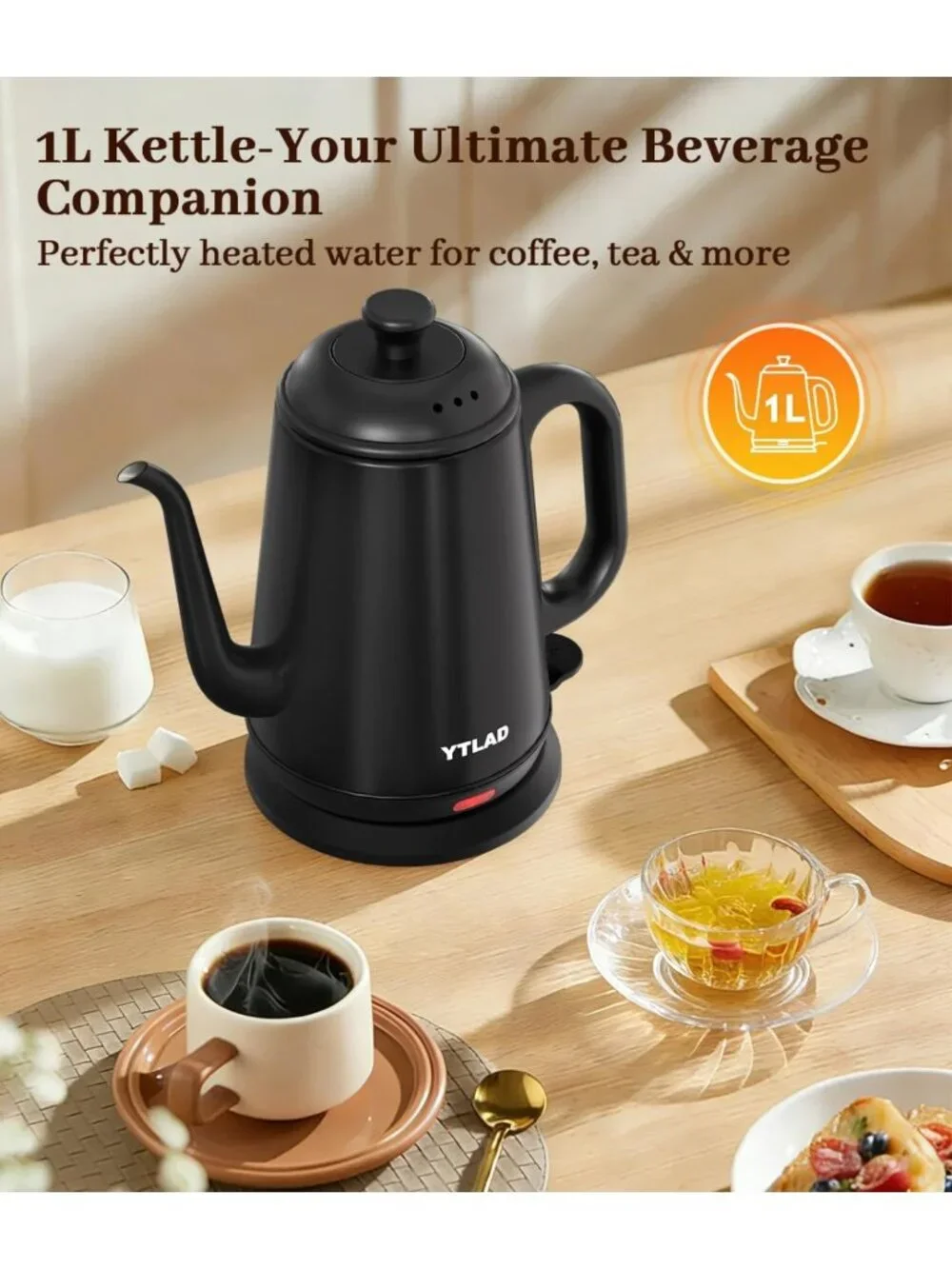 1L Gooseneck Electric Kettle for Pour-Over Coffee & Tea, Fast Boiling, BPA-Free